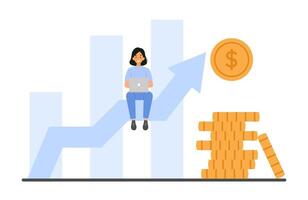 Young woman on a laptop sits atop a growth arrow, highlighting income increase and investment gains vector
