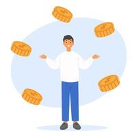 Illustration of a man surrounded by flying golden coins, representing the concept of online income, digital banking, and wealth accumulation vector