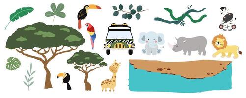 Set of safari object element with animal, car and tree vector
