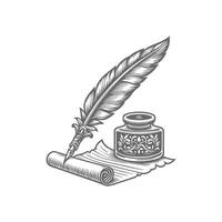 Vintage Elegance- Ornate Feather Quill and Inkwell Set vector