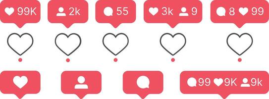 Social media notification bubble flat icons set. Like, comment, follower. vector