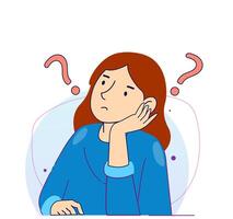 Girl thinking concept illustrations. a woman confused looking for answers and creating solution. Innovation and problem solution vector