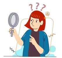 A woman finding Idea illustrations. finding solution, thinking, sharing offers, lightbulbs. Creativity, creation process. vector