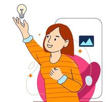 A woman finding Idea illustrations. finding solution, thinking, sharing offers, lightbulbs. Creativity, creation process. vector