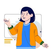 A woman finding Idea illustrations. finding solution, thinking, sharing offers, lightbulbs. Creativity, creation process. vector