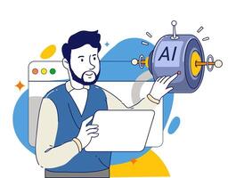 AI technology concept. People and artificial intelligence robots communication. Human using text and image chatbots for business help. Modern flat design illustration. vector