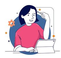 A woman finding Idea illustrations. finding solution, thinking, sharing offers, lightbulbs. Creativity, creation process. vector