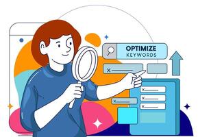Business concept illustrations. Seo analysis modern flat concept for web banner design. Woman analyst studies data, selects keywords and optimizes site for popular search queries vector