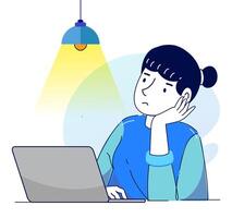 Girl thinking concept illustrations. a woman confused looking for answers and creating solution. Innovation and problem solution vector