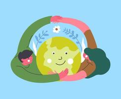 People hugging a smiling Earth vector