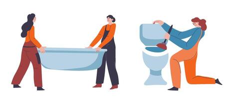 Two plumbers installing a bathtub vector
