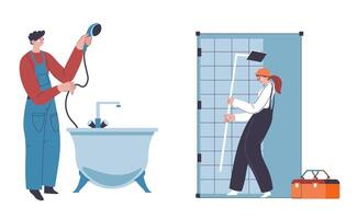 Plumber adjusting water system valve vector