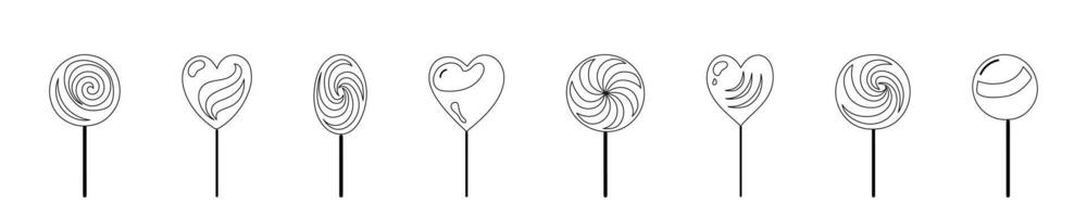 Set of Black outline illustrations of various heart and circular lollipops isolated on white background. Concept of candy, sweet treats, minimalist style, children treats. Icons, design elements vector