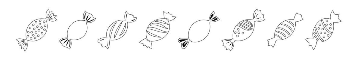 conjunto de negro contornos de envuelto dulces. negro y blanco bosquejo de clasificado dulces en un fila. concepto de dulce golosinas, caramelo ilustración, postre diseño, niños s meriendas. divertido y juguetón línea Arte vector