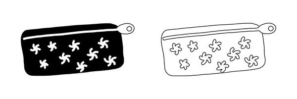 Set of Pencil Cases with Flower Patterns isolated on white background. Black Silhouette and Outline versions. Concept of School Supplies, Stationery. Zippered Pouch for Organization and Storage vector