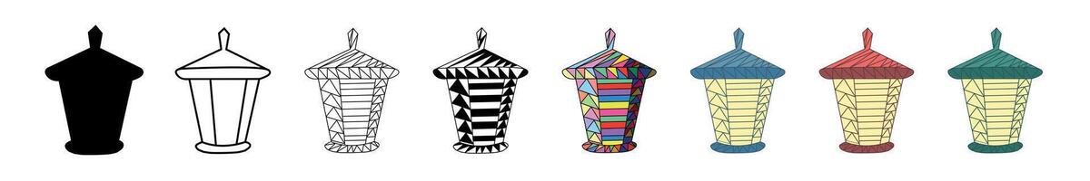 Set of decorative hand-drawn lanterns isolated on white background. Black silhouette, outline, and colored versions. Concept of lighting design, vintage home decor, street lanterns. Design elements vector