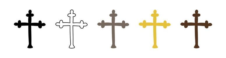 Set of crosses isolated on white background. Includes black silhouette, outline and colored versions. Concept of religious symbols, Easter, spiritual art, faith graphics, minimalist design elements vector