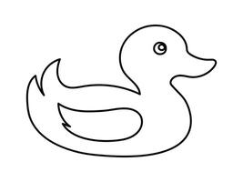 Black outline of a rubber duck isolated on a white background. Concept of childish icon, bath toy, simple illustration, minimalist design. Printable design element for kids' products and stationery vector