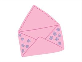 Illustration of an Open Pink Envelope with Floral Patterns isolated on white background. Concept of Stationery, Cute Design, Handcrafted Style, Communication Icon, Paper Craft, Invitation. Print vector