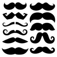 A collection of twelve unique moustache silhouettes in various vintage and classic styles. Perfect for mens grooming themes, barbershop designs, or playful character illustrations. vector