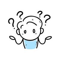 Hand-drawn stick figure character holding a large question mark, expressing curiosity, doubt, or confusion. Perfect for illustrating questions, problem-solving, or uncertainty vector