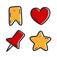 A playful set of hand drawn doodle icons including a bookmark, heart, pin, and star. Ideal for web design, app interfaces, and social media elements. Simple and charming illustrations vector