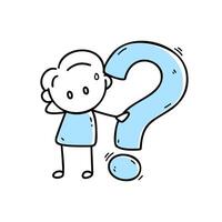 Simple line art illustration of a stick figure character with question marks, expressing confusion or curiosity. Ideal for concepts like inquiry, doubt, or problem-solving vector