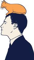 Illustration of a Man in a Suit with an Orange Cat on His Head in Profile View vector