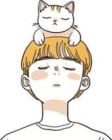 Illustration of Boy with Cat on Head Serene, Minimalist Artwork Depicting Friendship and Calm vector