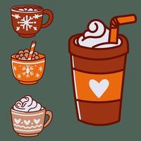 A collection of coffee cups with snowflakes on them. The cups are different sizes and shapes, and all filled with different types of hot drinks with marshmallows vector