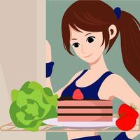 A female athlete looks into the refrigerator, where there is a plate of cake and tomato salad. She smiles. View from inside the refrigerator. vector