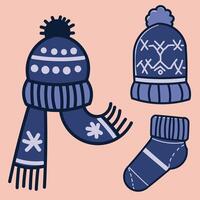 Blue hat, scarf and sock depicted in cartoon style. A hat with a pompom on the top of the head and a blue colored scarf with white snowflakes vector
