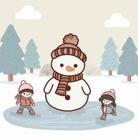 Cartoon snowman and two children, a boy and a girl, skating on ice. Winter Joys. The scene is fun and playful. vector