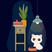 A cat is sitting in front of a table with a potted flower and a cake on it. The cat is looking at the cake and seems interested in it. A bowl of food is in front of the cat and a lamp vector
