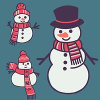 Three snowmen wearing red scarves and hats. The snowmen are smiling and look happy vector
