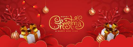 Merry Christmas holidays on red background. Festive Christmas composition top view of gift boxes, clouds, red tree branches. vector