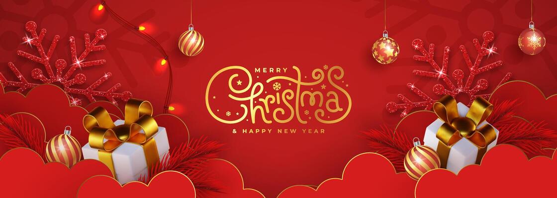 Merry Christmas holidays on red background. Festive Christmas composition top view of gift boxes, clouds, red tree branches.