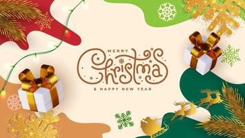 Christmas greeting design with, gift boxes, ornaments, and snowflakes on an abstract background. vector