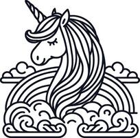 Unicorn coloring page with clouds and rainbow vector