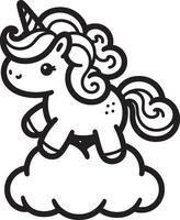 A unicorn is riding on a cloud coloring page vector