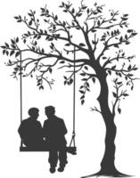 Silhouette of couple on swing under tree vector