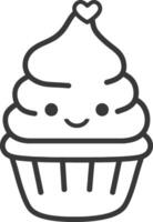 A cupcake with a heart on it is shown in a line drawing vector