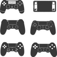 A set of six game controllers, including one with a screen vector