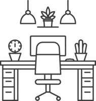 Office desk with computer, chair and plants vector