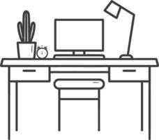 A black and white drawing of a desk with a computer and a lamp vector