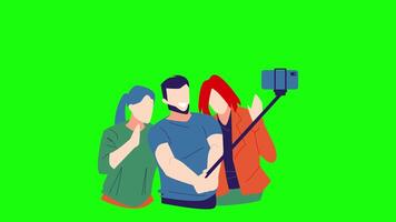 2d cartoon animation of a group of friends take a photo selfie using smartphone and selfie stick. Green screen. Flat illustration style. video