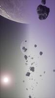 a large cluster of asteroids near an unknown planet, vertical video