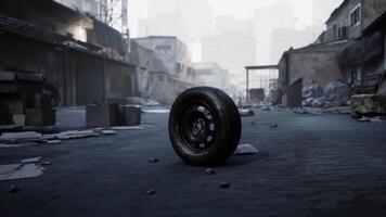 Abandoned tire in a desolate urban environment during daylight hours video