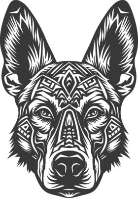 A black and white image of a dog with tribal patterns