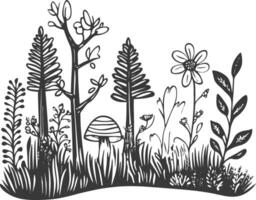 A black and white drawing of a forest with trees and flowers vector